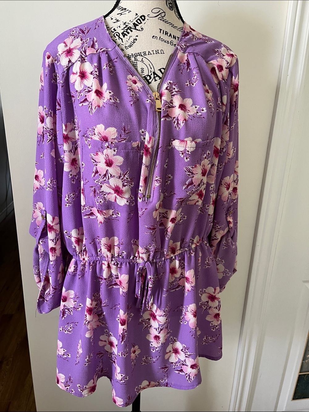 💗Purple Floral Zip-Front Tunic with Drawstring Waist